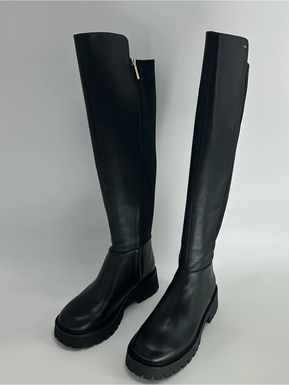 Michael Kors Black Leather Knee High Lug Sole Boots Gold Hardware
